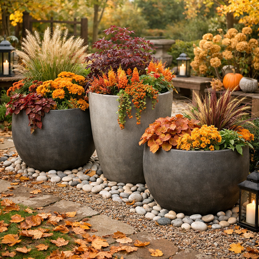 Easy Autumn Garden Design Ideas Using Fibreclay Planters and Decorative Pebbles