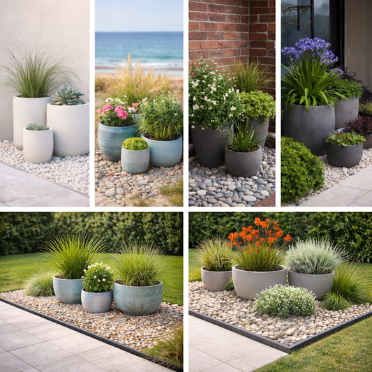 5 Modern Landscape Looks Using Pots + Pebbles (Minimal, Coastal, Urban, Luxe, Native)